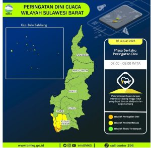 Update Peringatan Dini Cuaca Sulbar, Jumat 6 Januari 2023